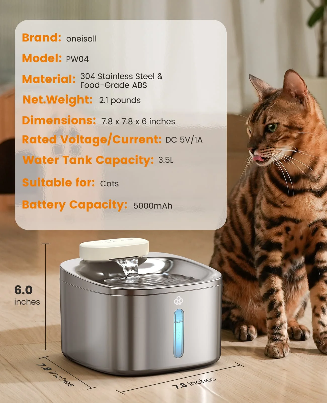 Oneisall 3.5L Cordless Stainless Steel Pet Water Fountain with 3PCS Filters - Image 12