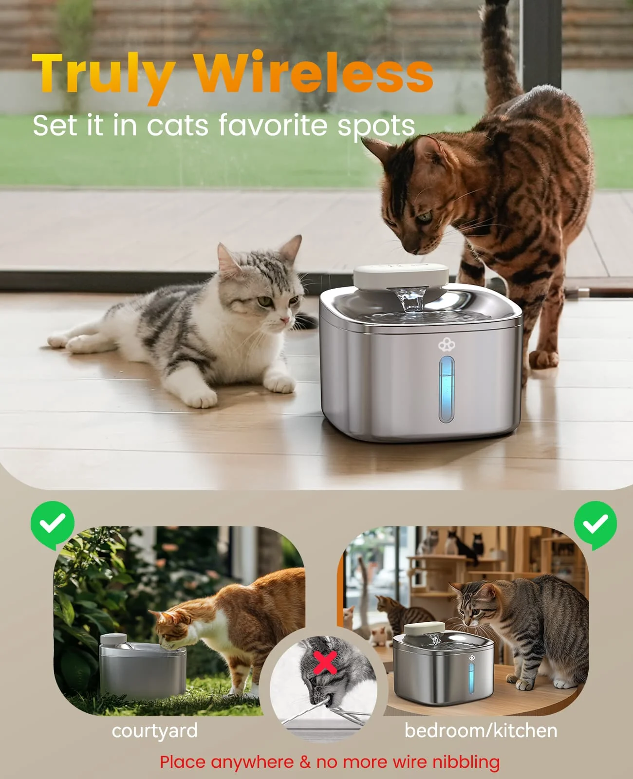 Oneisall 3.5L Cordless Stainless Steel Pet Water Fountain with 3PCS Filters - Image 11
