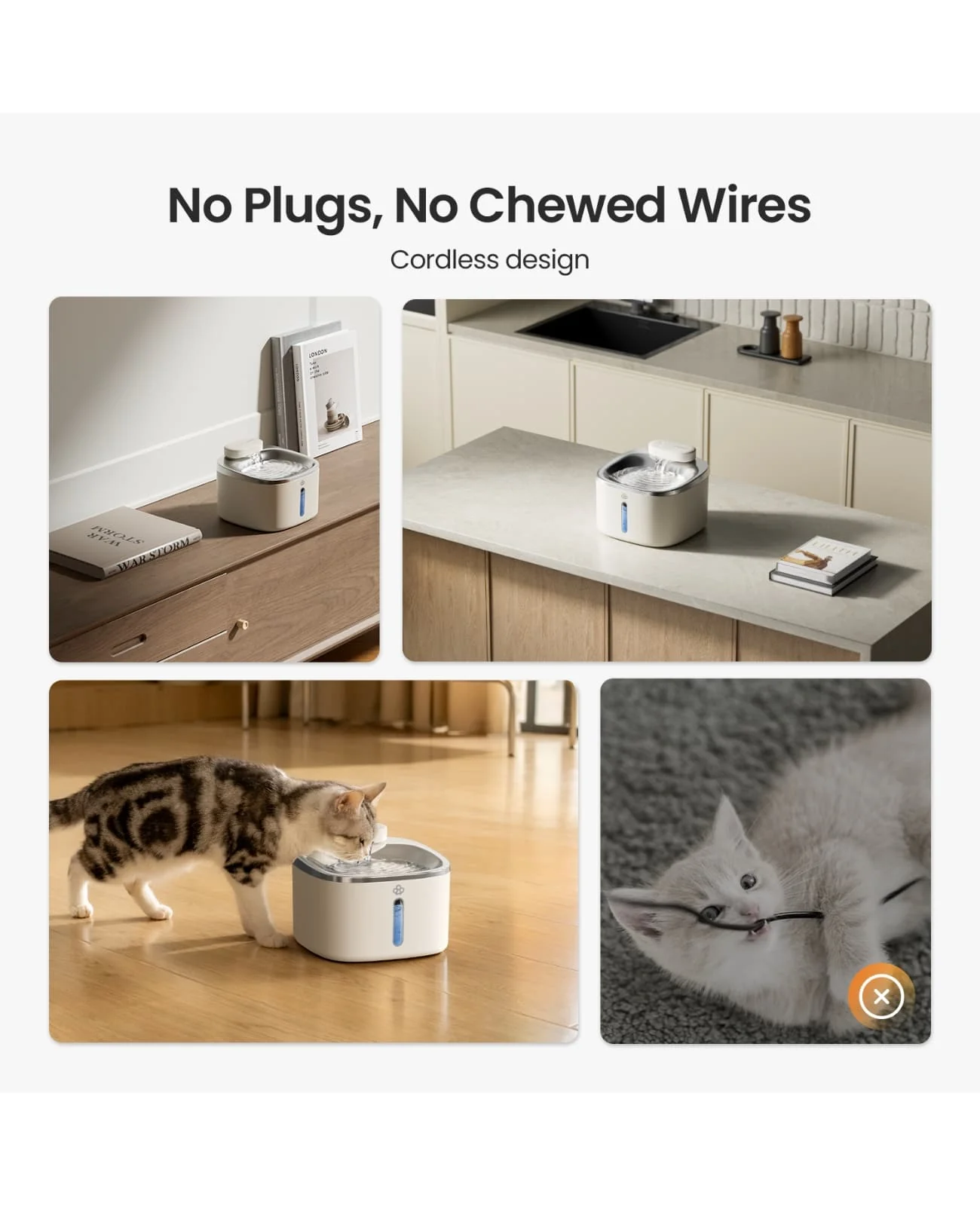 Oneisall 3.5L  Cordless White Stainless Steel Pet Water Fountain with 3PCS Filters - Image 3