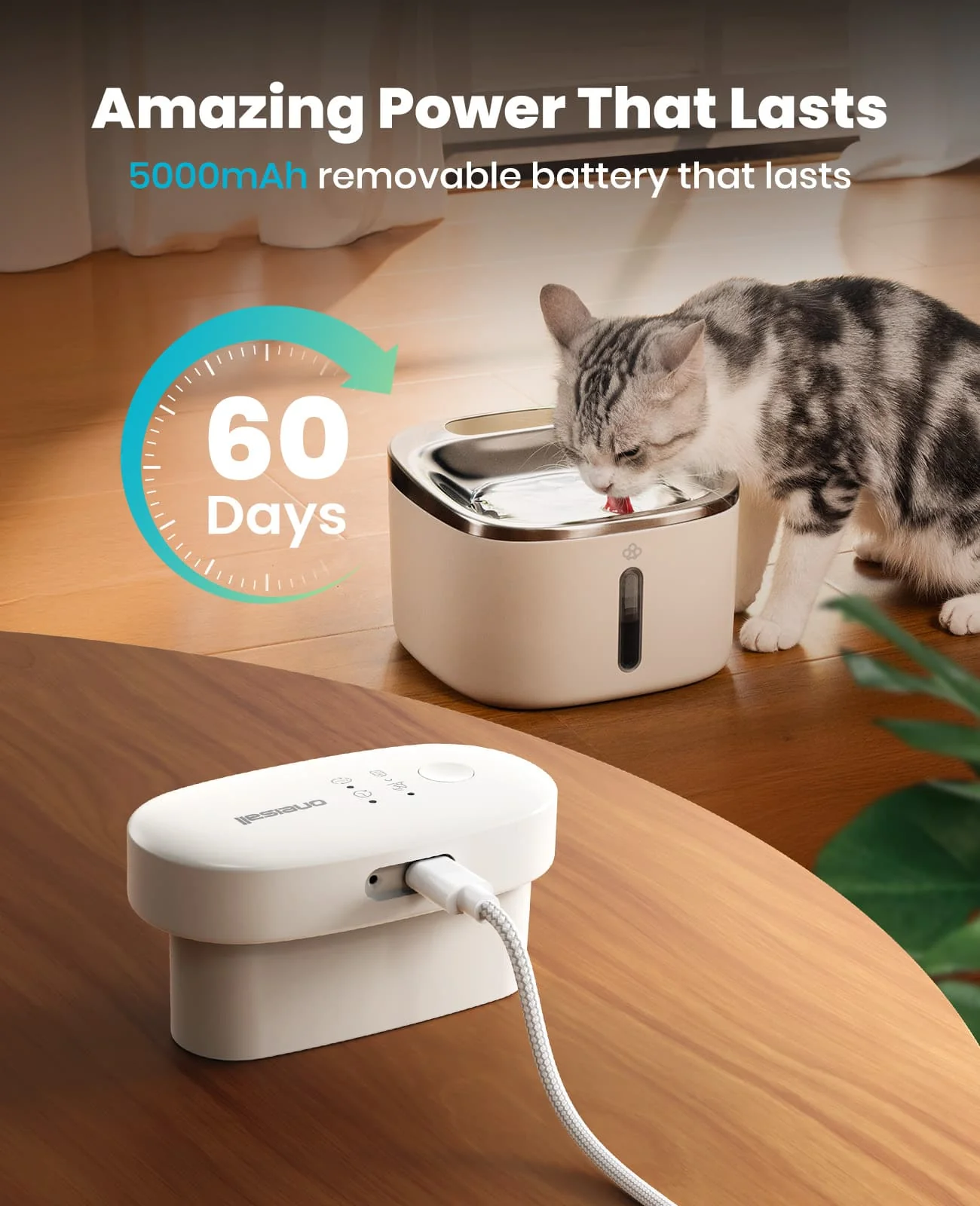 Oneisall 3.5L  Cordless White Stainless Steel Pet Water Fountain with 3PCS Filters - Image 4