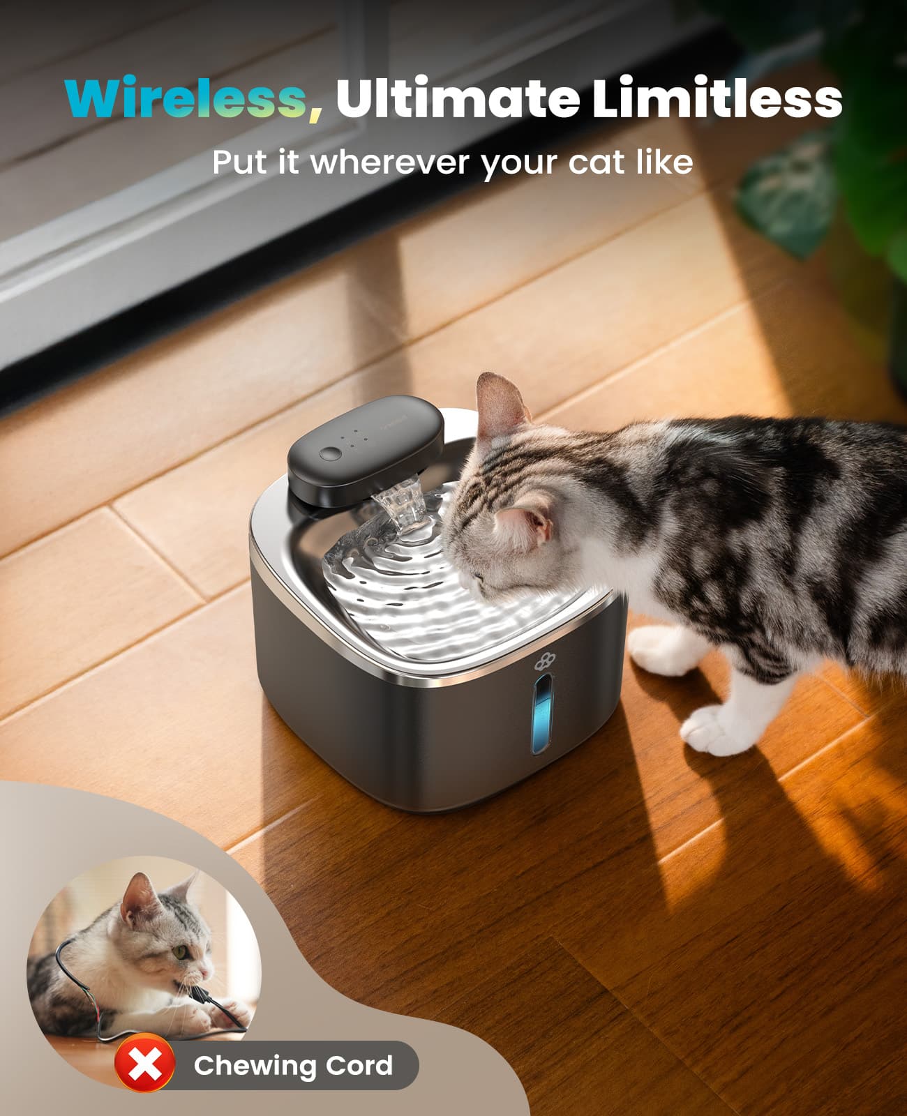 Oneisall 3.5L Cordless Stainless Steel Pet Water Fountain with 3PCS Filters - Image 16