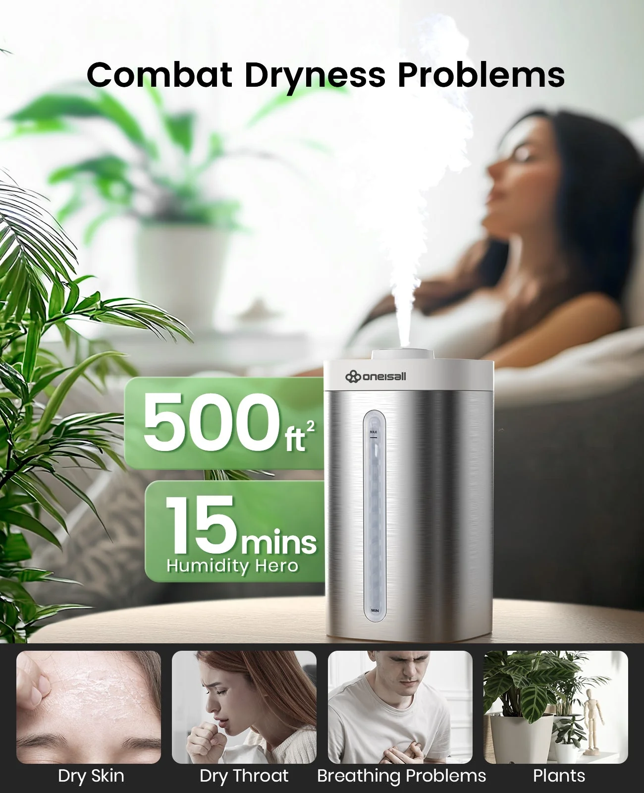 Oneisall Stainless Steel Humidifier, Easy to Clean Humidifier, Dishwasher Safe Humidifiers, Cool Mist Humidifiers for Bedroom - Image 3