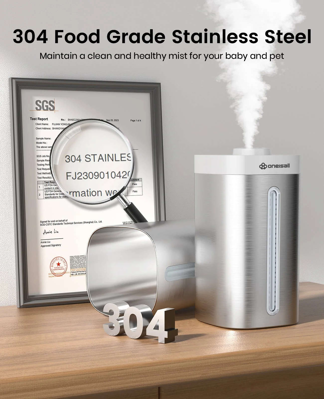 Oneisall Stainless Steel Humidifier, Easy to Clean Humidifier, Dishwasher Safe Humidifiers, Cool Mist Humidifiers for Bedroom - Image 5